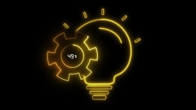 A yellow neon light bulb pulses with a rotating digital gear. This neon light bulb represents technical innovation. Use this looping neon light bulb for creatives.