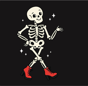 A cheerful cartoon skeleton dances playfully while wearing bright red boots against a black background with sparkling stars. Perfect for Halloween party designs, seasonal marketing