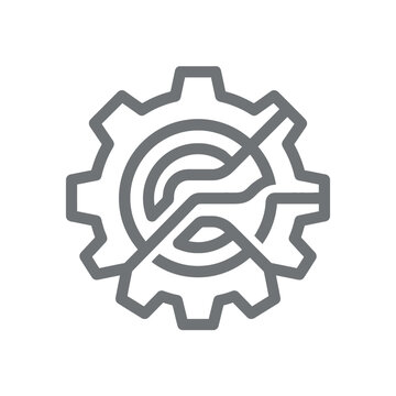Isolated gear symbol with a wrench icon and a prohibition sign, representing mechanical engineering, industry, and exclusion
