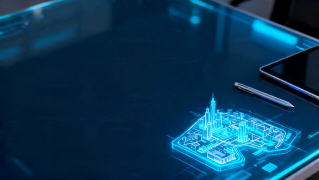 Futuristic Digital Architectural Table Flatlay with Copy Space