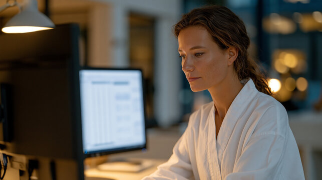 Actuarial scientist reviewing mortality probability spreadsheets on dual monitors in an open plan insurance office, risk modeling, financial services analytics, pension fund