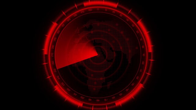 A red radar screen displays a digital world map and sweep. This radar screen represents military sonar and global monitoring. Use this radar screen loop for tech video.