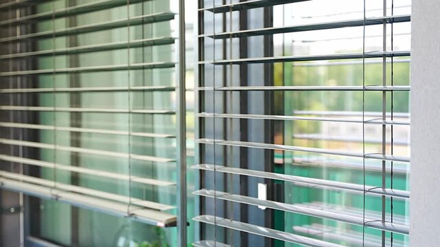 Exterior window blinds automatically opening to let natural daylight into a modern apartment. Smart home automation and energy efficient living concept.