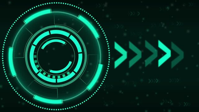 A teal futuristic HUD interface glows with circular arrows. This HUD interface represents spacecraft controls and system data. Enhance sci-fi clips with this interface.