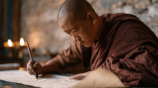 A Tibetan monk calligrapher writing New Year prayer texts on long scrolls in a monastery scriptorium, butter lamps providing warm ambient light, December wind audible beyond thick