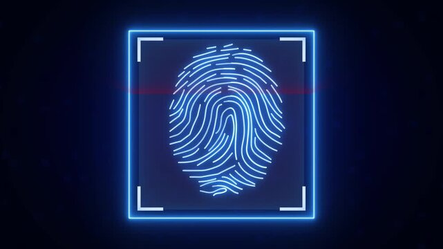 A blue neon fingerprint scan glows with a red security laser. This fingerprint scan represents modern biometric identification. Use this fingerprint scan loop now.