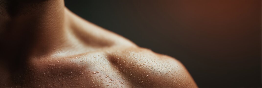 Sweaty male shoulder skin with sweat droplets. Close up detail of human body part after physical exercise or hot weather