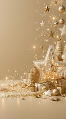 Obraz premium Luxurious gold and white holiday composition featuring glass star frame, miniature trees, gifts, and festive glitter.