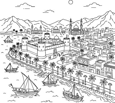 Ancient fortress city by the sea illustration with traditional dhow boats fortress architecture historical