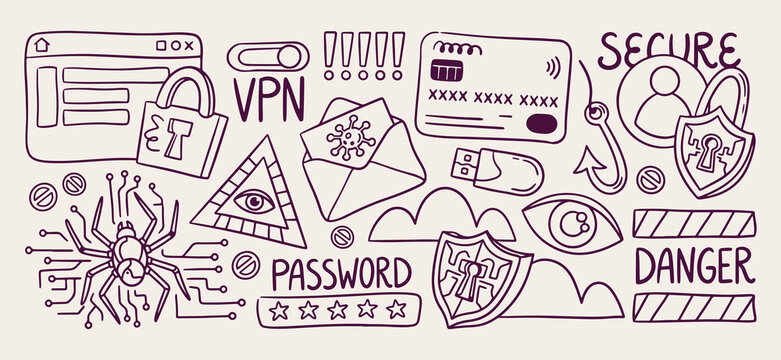 hand drawn cybersecurity technology seamless pattern, vintage credit card vector illustration, purple password lock line art background, VPN shield sketch fabric print design, digital security wallpap