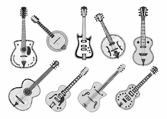 Fototapeta premium Nine Diverse Guitars And Banjos Monochrome Vector Illustration