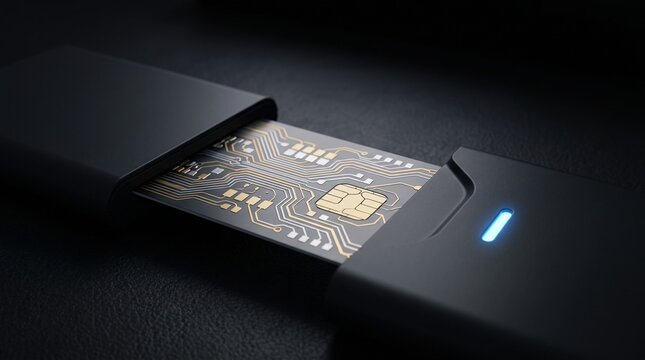 Smart Banking Card Gold Microchip Inserting into Reader Slot