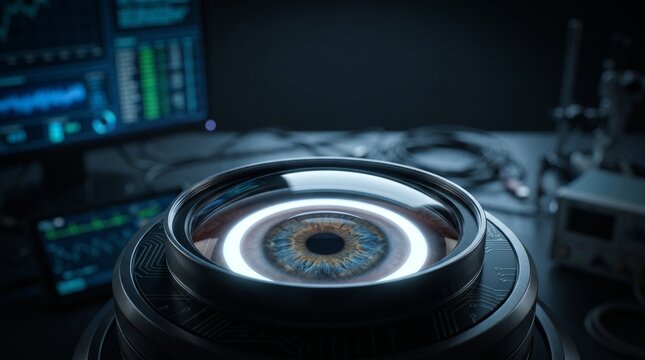 Futuristic Biometric Eye Iris Scanner Interface Lens with Blue Light