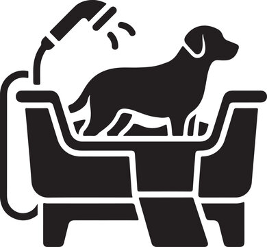Black silhouette icon of a dog getting a bath in a tub with a shower head