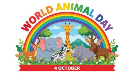 Fototapeta premium World animal day event graphic featuring cute wild animals in grassy meadow with rainbow and fourth october banner.