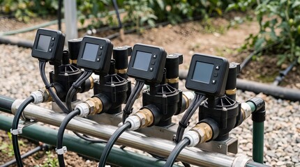 Fototapeta premium Automatic irrigation solenoid valves with electronic timers in greenhouse