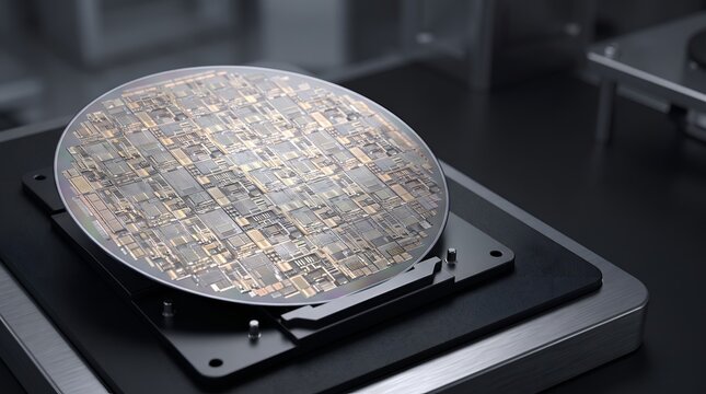 High-tech silicon wafer with integrated microchips on industrial machinery in a semiconductor manufacturing laboratory.