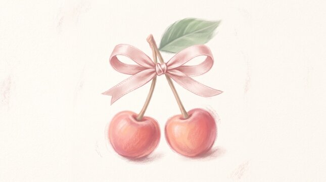 Soft pastel illustration of twin cherries tied with a satin pink bow, elegant hand-drawn sketch style on off-white background