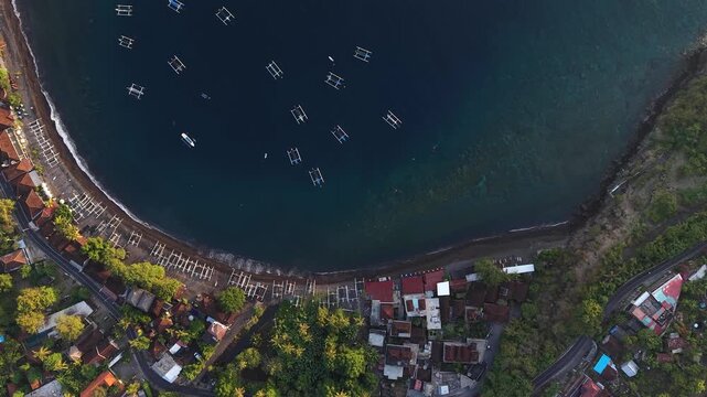 Aerial View Amed Bay Traditional Jukung Boats Bali Coastline Indonesia.