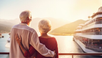 Fototapeta premium Senior couple embracing on cruise deck at sunset, overlooking sea and ship, symbolizing romance, shared travel, and retirement leisure.