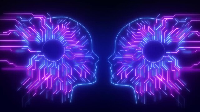 Two artificial intelligence heads face each other. This artificial intelligence graphic shows neural networks. Use this artificial intelligence video loop for tech.