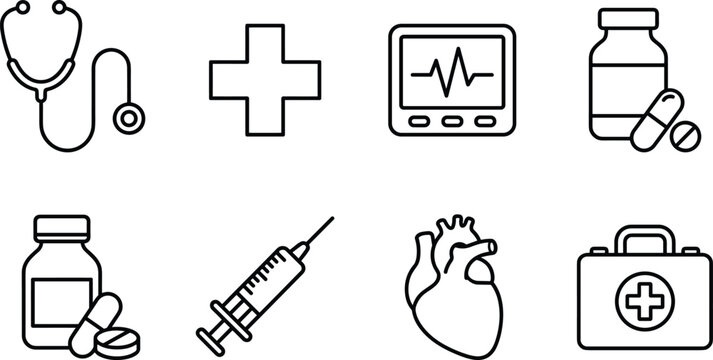 Medical healthcare and hospital line icon set with stethoscope, cross, heart rate monitor, medicine bottles, syringe, human organ heart, and first aid kit vector.