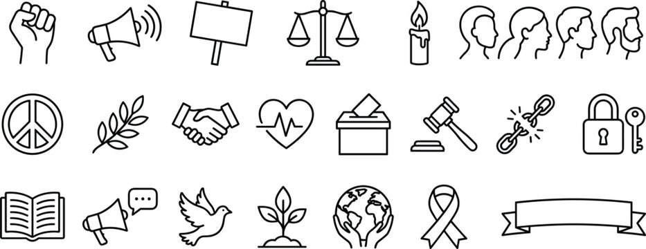 Human rights and social justice line icon set featuring protest fist, scale of justice, peace sign, voting box, and broken chain vector elements.
