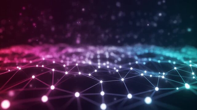 Digital horizon features a mesh of shimmering points connected by luminous threads that rise from a textured plane to suggest the expansive growth of a virtual intelligent platform today.