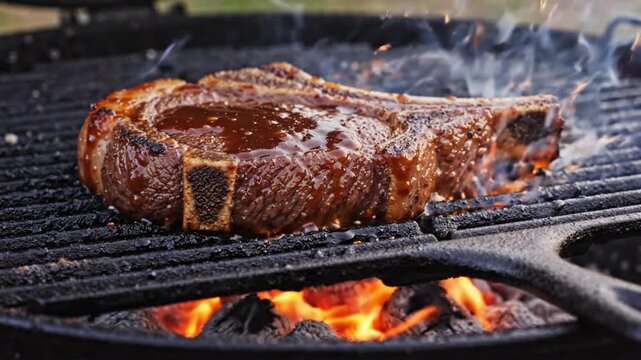 Beef steak cooking on the grill with sparks at an outdoor barbecue event