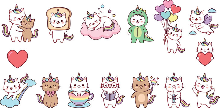 Cute caticorn vector illustration set featuring adorable kawaii magical unicorn cats in various fun poses isolated on white background