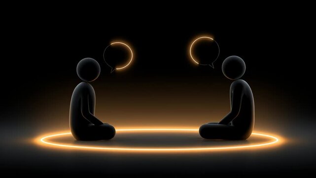 Two figures sit across from each other in a dark space. They engage in a silent exchange, using nonverbal communication. Light circles them.