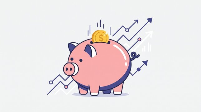 Flat vector illustration of a pink piggy bank with a golden coin and an upward growth arrow, symbolizing savings, investment, and financial growth.