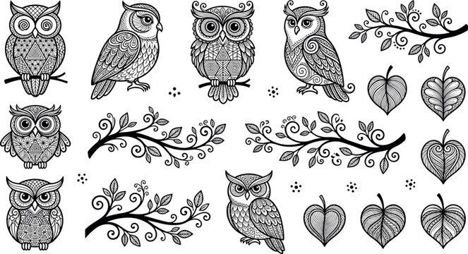 Detailed zentangle owl vector collection featuring black and white patterned birds tree branches and stylized floral leaves for coloring book