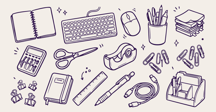 office computer tech desk pattern, keyboard mouse supply background, student scissors tape linear vector, study pen ruler doodle illustration, tech workspace line art texture, modern office supply con