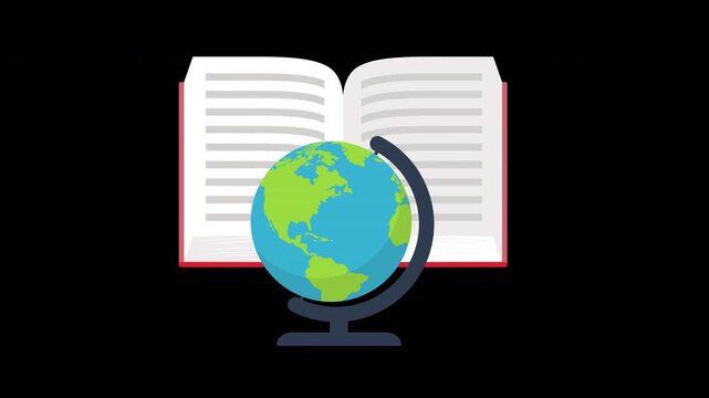 Open Book with Globe Global Learning Animation Black Background 