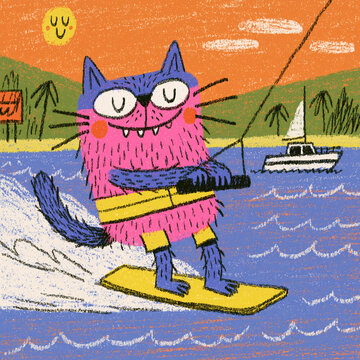 Illustration of an anthropomorphic cat doing wakeboard