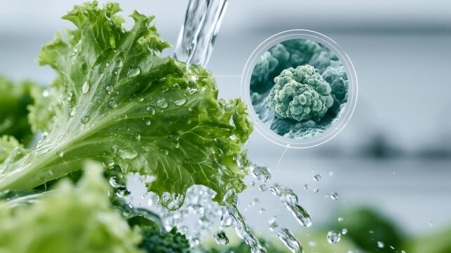 Close up of lettuce being washed under running water to reduce Cyclospora contamination. Food hygiene, produce cleaning and food safety concept with microbiology visualization