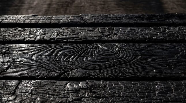Charred burned burnt wood texture planks from shou sugi ban yakisugi timber rustic black background