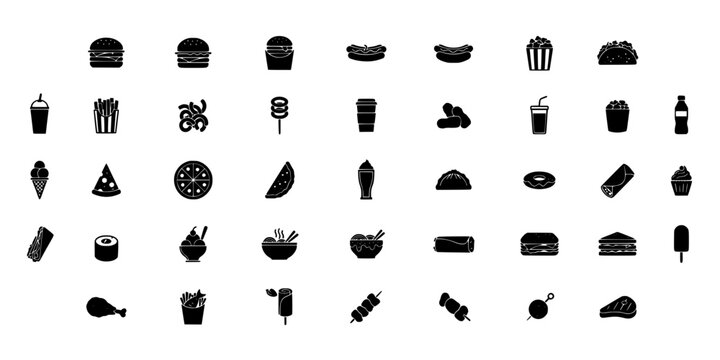 Food Icons Depicting Various Dishes and Drinks in Black and White Vector Style Featuring Illustration, Burger, Pizza with Sushi
