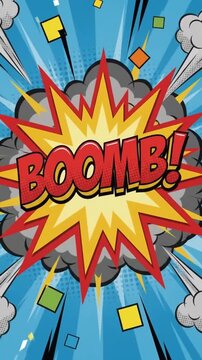Colorful squares and boomb explosion in pop art style with vibrant shapes and arrangements in a lively setting