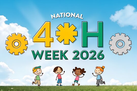 National 4H week 2026 graphic design featuring a vibrant yellow number four and a bold green letter H with mechanical gear symbols and happy cartoon children standing on grassy plains