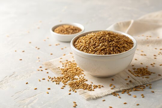 Golden flax seeds fill a clean white ceramic bowl resting on a rustic textured linen cloth placed upon a smooth light grey surface under soft natural studio lighting conditions today.