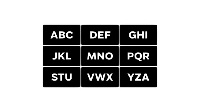 Grid of Nine Square Icons with Random Three-Letter Abbreviations Featuring Letters, Black, White with Typography and Design