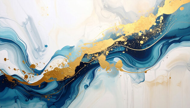 Elegant abstract fluid art background with gold accents and paint strokes.