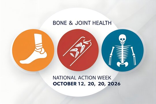 Bone and joint health national action week graphic featuring a white foot icon an orange circle a red circular spine icon and a blue circular skeleton icon on white background