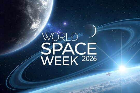 World space week 2026 text overlay featuring a stunning deep cosmic view of giant planets with glowing rings and distant stars shining brightly in the vast dark blue starry galaxy