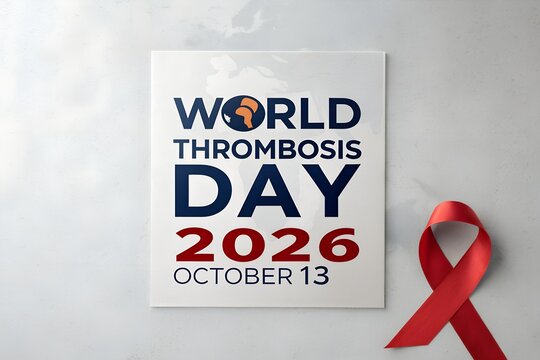 World thrombosis day twenty twenty six banner featuring bold dark blue typography with a red awareness ribbon and subtle globe graphic design elements on a clean white textured background surface.