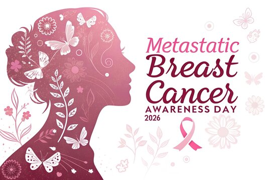 Profile silhouette of a woman featuring delicate floral patterns and fluttering butterflies in shades of pink designed for metastatic breast cancer awareness day events with elegant typography on whit