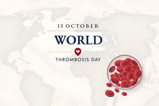 World thrombosis day banner featuring a collection of red blood cells depicted in a petri dish style over a subtle grey world map background for medical awareness and health education.