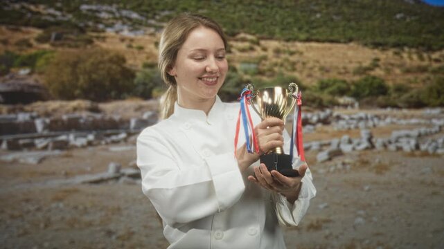 Woman chef in white chef uniform holding gold trophy with red white blue ribbons, smiling and presenting cup in outdoor stone ruins; pride achievement.
